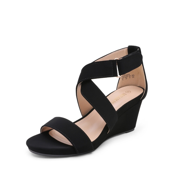 Elastic Ankle Strap Wedge Sandals - BLACK NUBUCK -  0